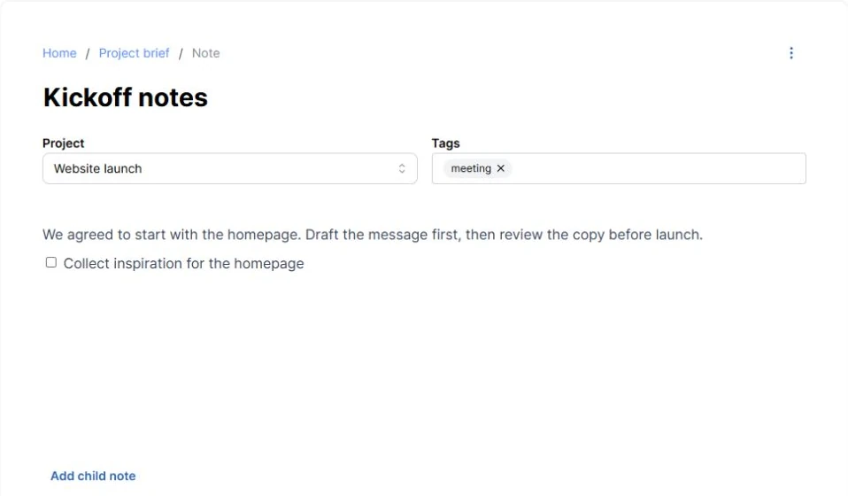 The demo note editor with a project-linked meeting note and follow-up checklist
