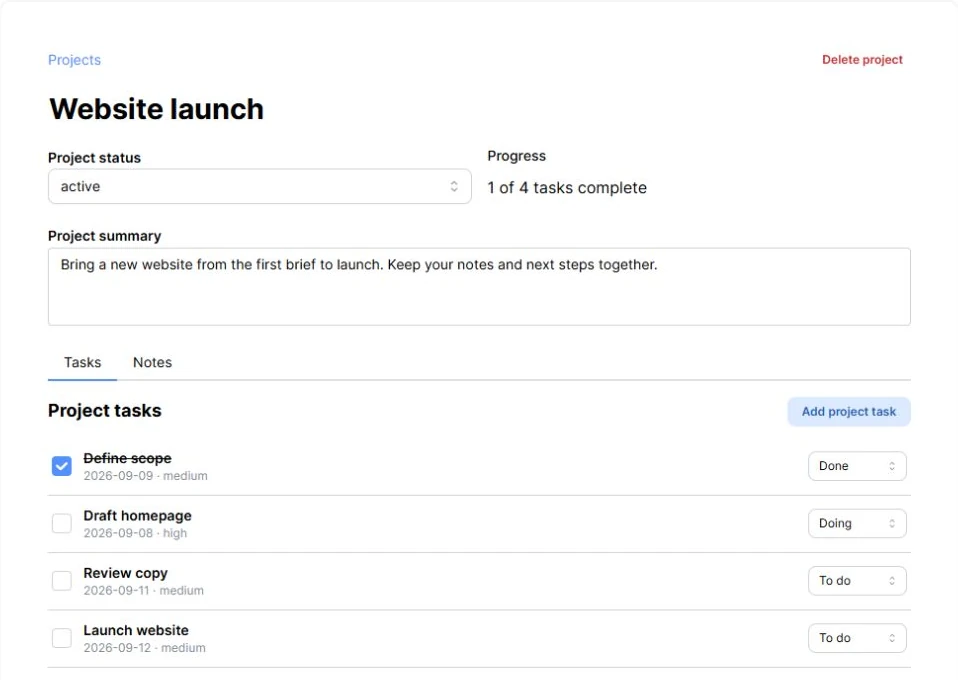 The demo project with its linked notes and follow-up tasks